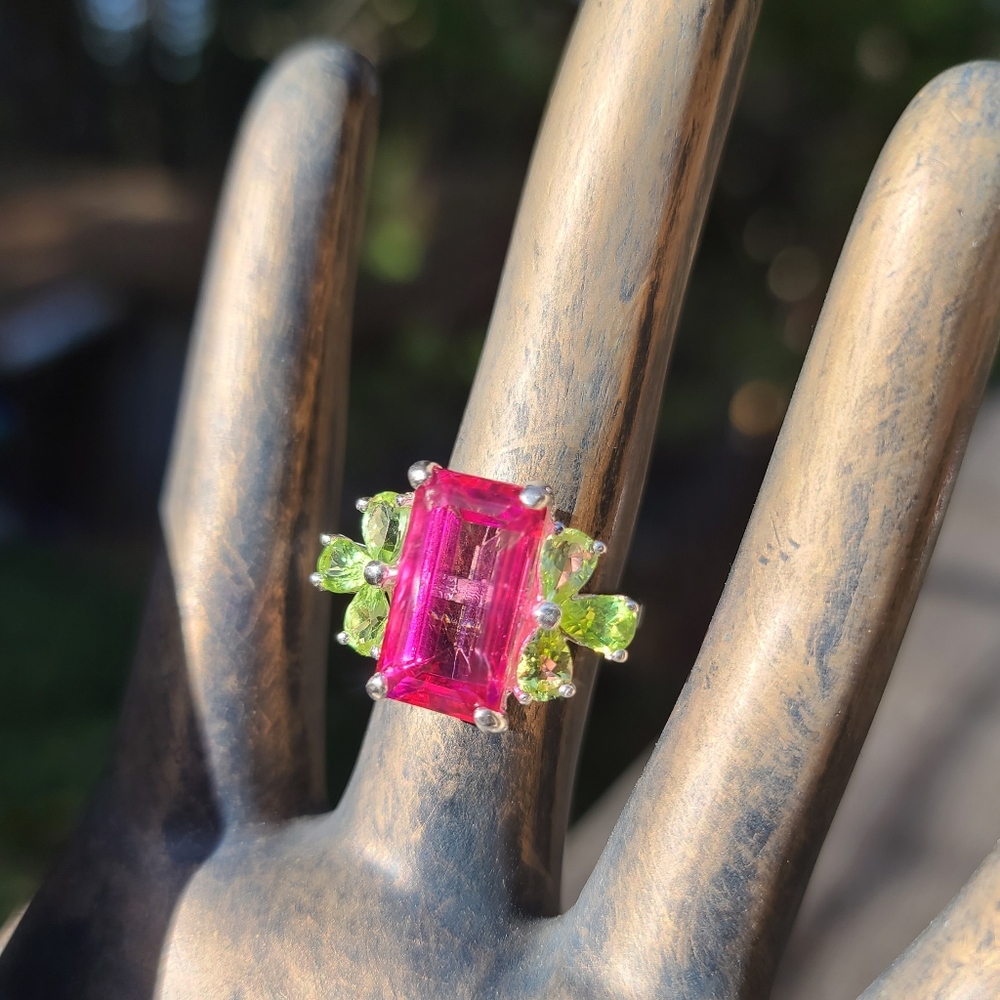 Pink Topaz massive 8k emerald cut with pear shape Peridot sterling ring sz 8 - Picture 5 of 17